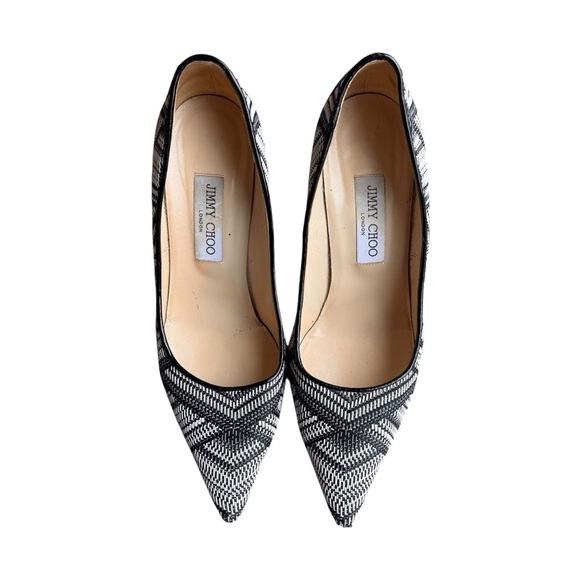 Jimmy Choo -Abel Black & White Woven Print Pointed Toe Stiletto Heels Sz 39.5 - Picture 2 of 10